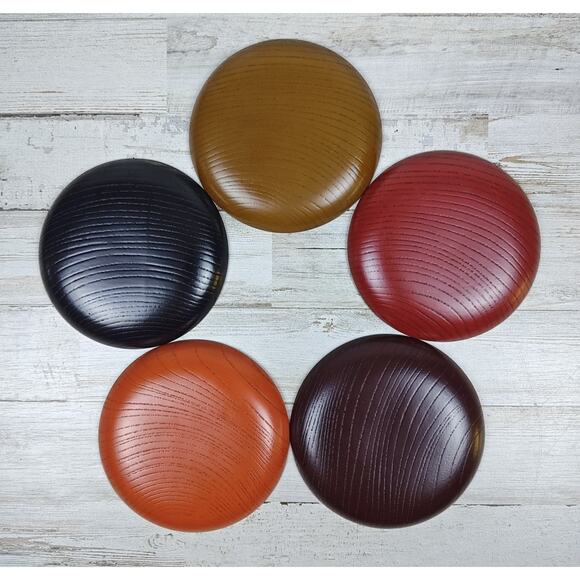 5 Asian Lacquerware Sm Plates/Dishes Hand Painted Gold Design W/Asian Writing - Picture 2 of 9